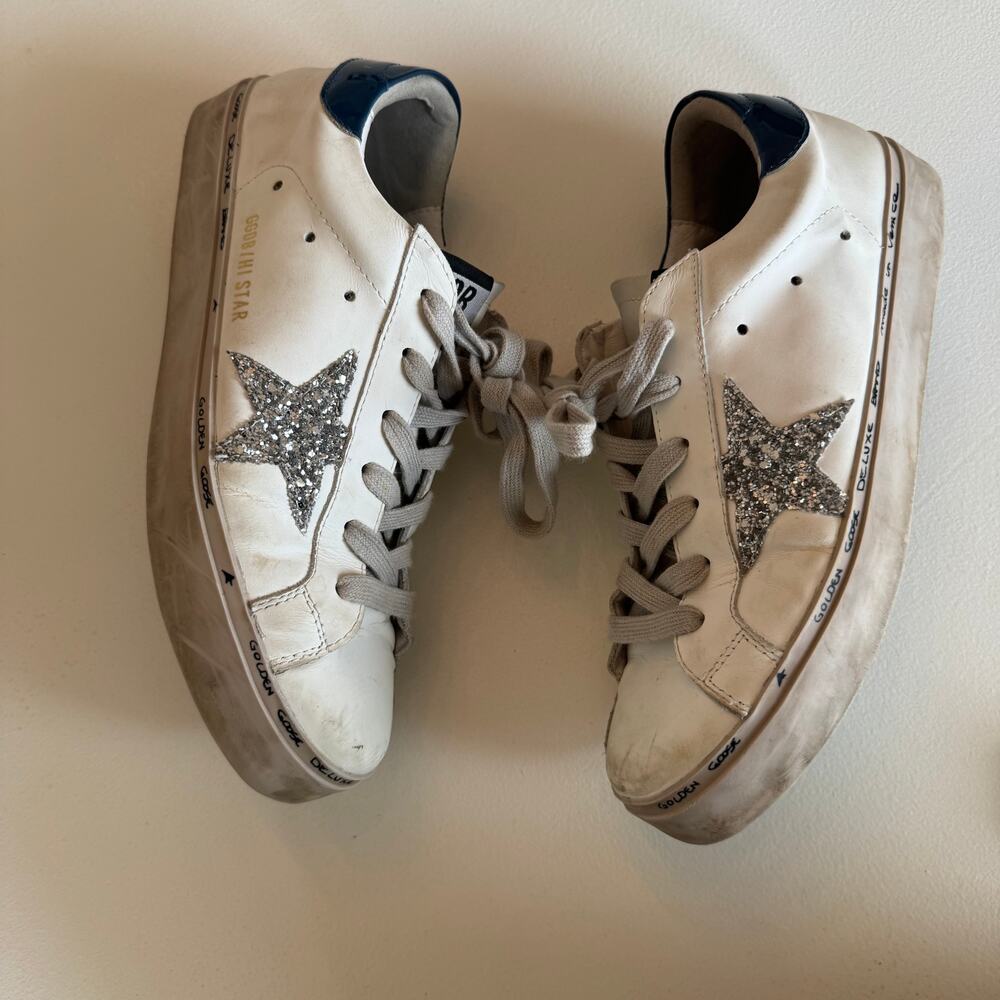 Golden Goose Hi Star Sneakers Womens EU 38 White Leather Glitter Star Blue Heel - Picture 4 of 15